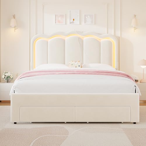 Twin Upholstered LED Bed Frame with Storage Drawer and Adjustable Chic Double Wavy Headboard, Velvet Princess Platform Bed for Kids/Girls, Solid Wood Slats Support, No Box Spring Needed, Beige - Image 9