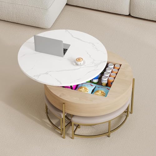 Linique Modern Round Lift-Top Coffee Table with Storage and 3 Ottoman, White + Black - Image 5