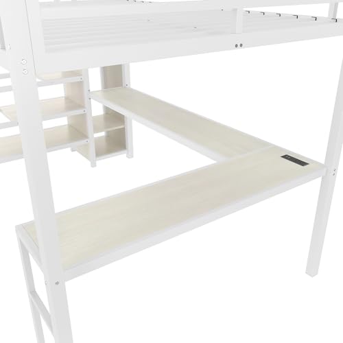 SOFTSEA Queen Size Metal Loft Bed with L-Shaped Desk and Wardrobe, Metal Bed Frame with USB and Adjustable Shelf, High Loft Bed with LED for Bedroom, No Box Spring Needed, White Wood Grain - Image 8