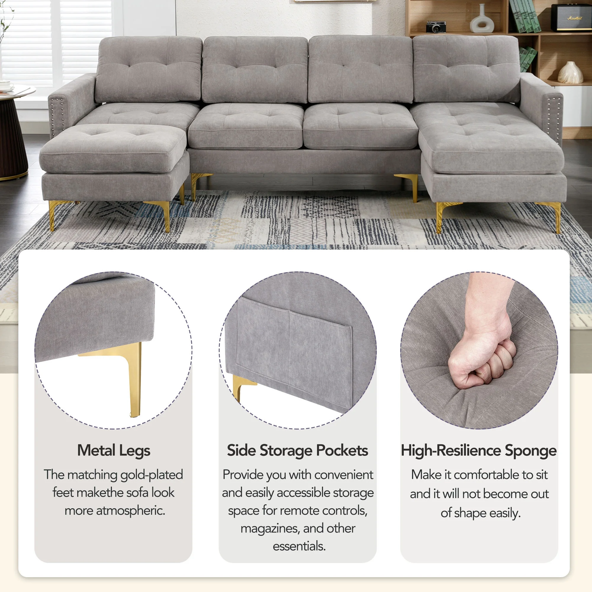 Soges U-Shaped Sectional Sofa with Ottoman, Convertible Couch for Living Room, 5 Seater Sofa, Gray, 110×54 - Image 5