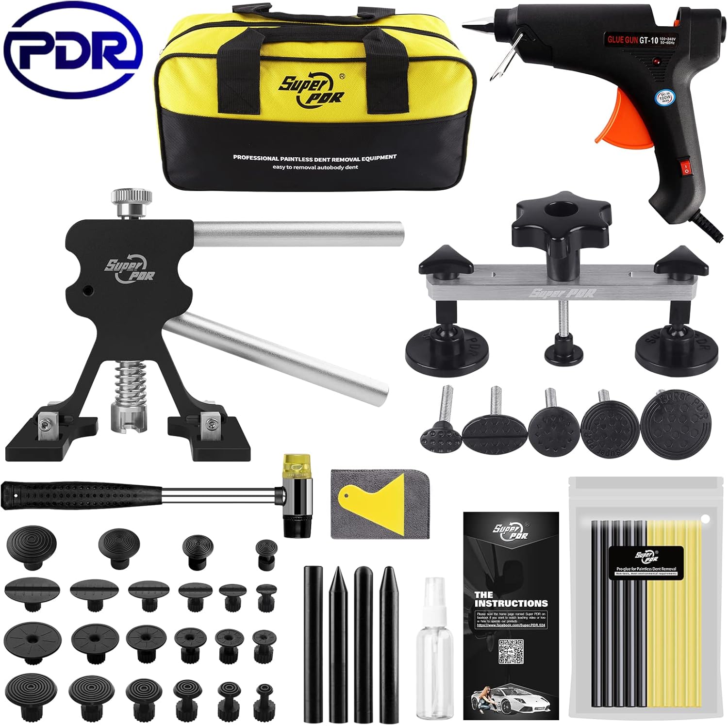 Super PDR Paintless Dent Repair Kit, Black Dent Remover Tool Auto Body Dent Removal Kit with Double Pole Bridge Dent Puller for Auto Body Tools - Image 2