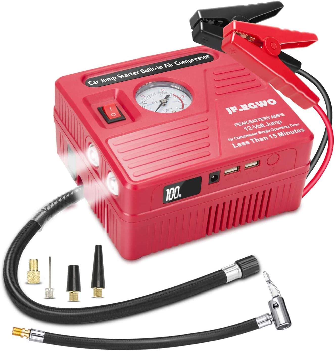 Car Jump Starter with Air Compressor, 2000 AMP Peak Jump Cable, 150 PSI Air Pump, 20000mAh Li-on Battery Jump Pack, Built-in 2 USB Ports and 2 LED Lights - Image 2