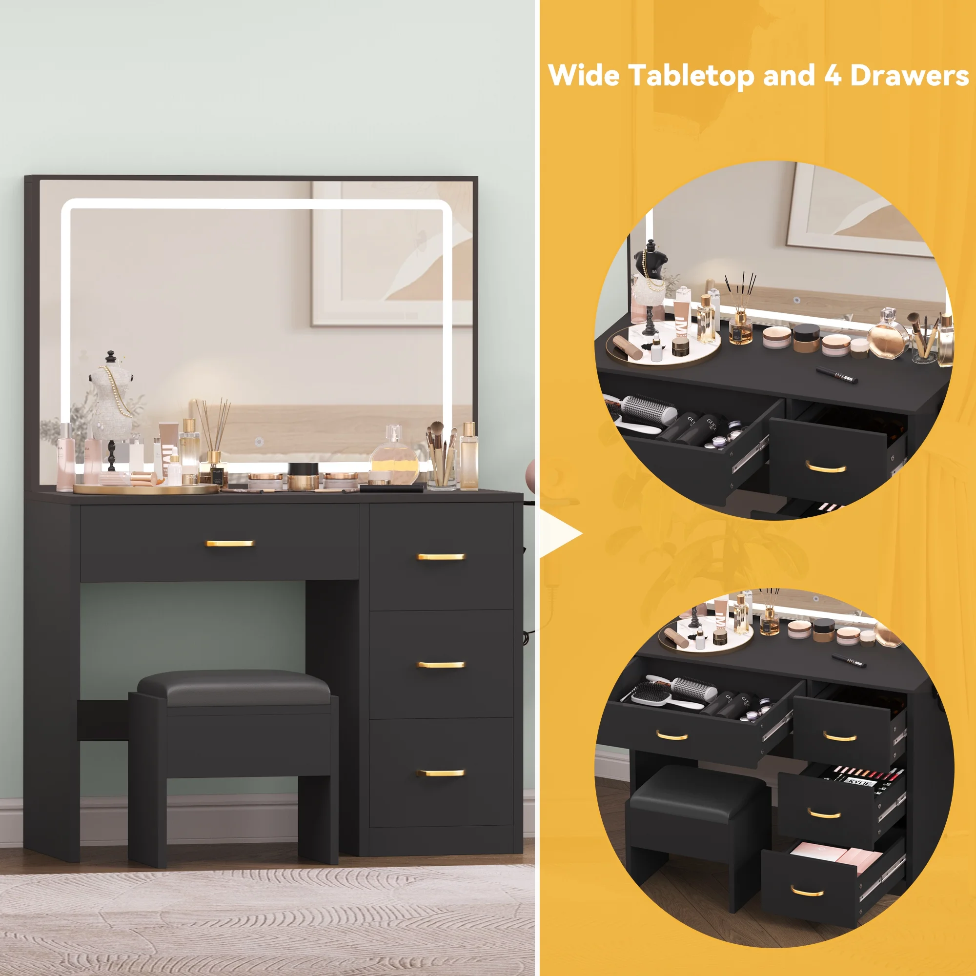 Dextrus Charcoal Black Makeup Vanity Table with Large Mirror and LED Lights – Stylish and Functional for Women Girls, Charcoal Black - Image 2