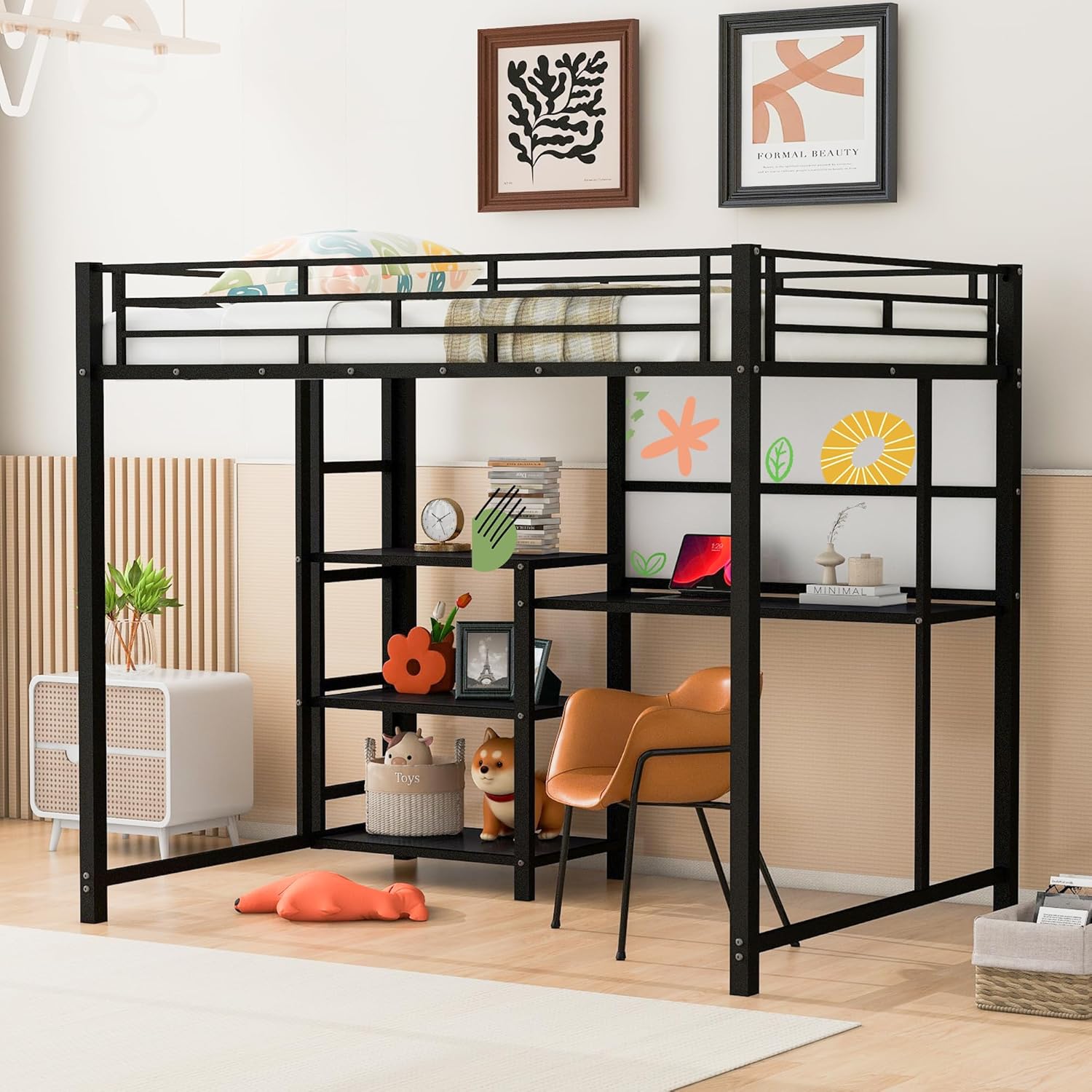 Full Size Metal Loft Bed with Desk, Whiteboard and 3-layer Shelves, Heavy Duty Loftbed w/Storage and Built-in Ladder, for Kids Teens Bedroom Dorm, Black