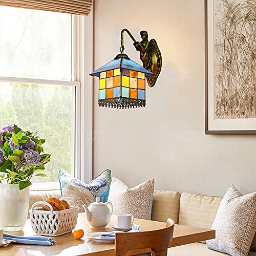 LITFAD Tiffany Style Stained Glass Wall Sconce Lighting, Mediterranean Aqua Petal Shape LED Wall Lamp Flower 1 Light Tiffany Antique Brass Wall Mount Lamp for Bedroom Villa Restaurant, Blue - Image 5