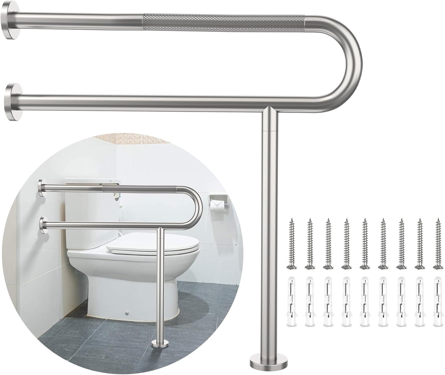 Toilet Support Rail 31.3X 31.5 Inch, Munzong Anti-Slip Satin Brushed Nickel Handicap Grab Bar for Bathroom, Stainless Steel Knurled Safety handrails with Leg for Elderly Disabled Pregnant-1.25??Tube