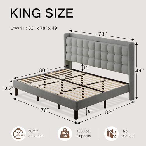 Queen Bed Frame, Upholstered Platform Bed with Charging Station, Modern Wingback Storage Headboard, Solid Wood Slats Support, No Box Spring Needed, Dark Gray - Image 16