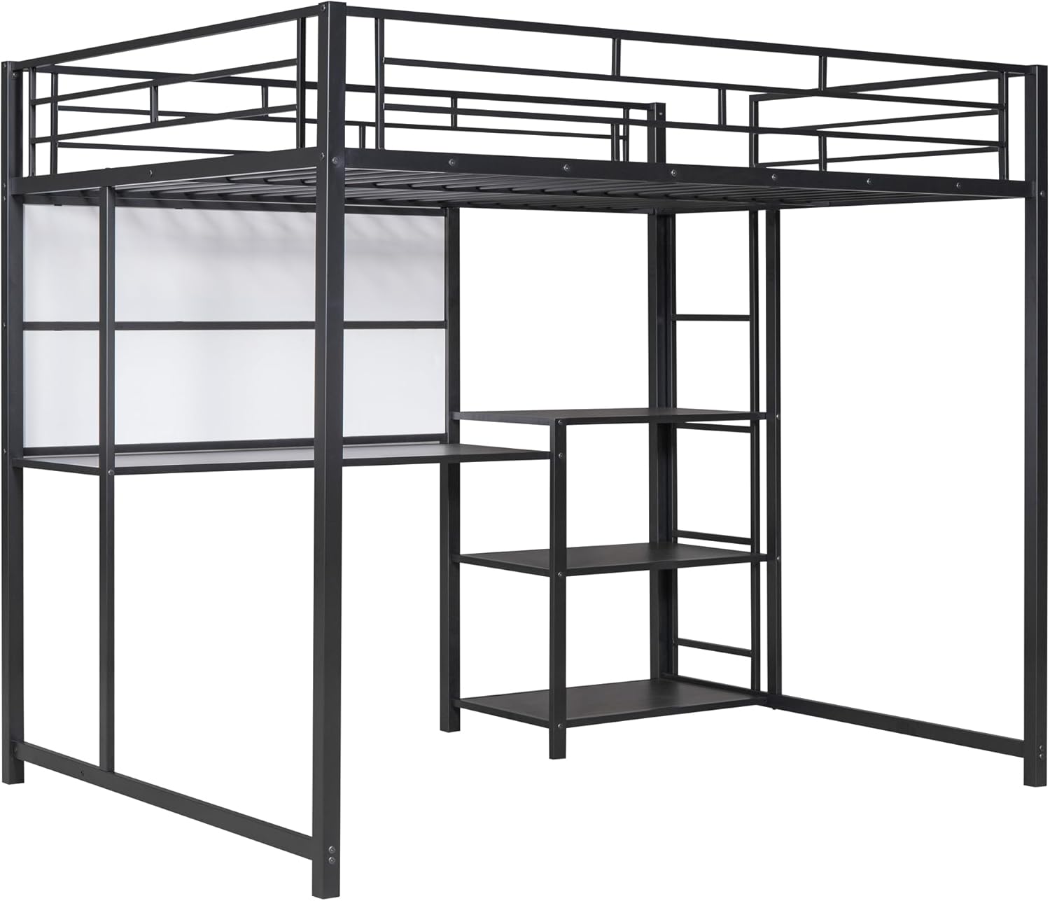 Full Size Metal Loft Bed with Desk, Whiteboard and 3-layer Shelves, Heavy Duty Loftbed w/Storage and Built-in Ladder, for Kids Teens Bedroom Dorm, Black - Image 6