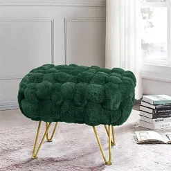 Pink Soft Faux Ottoman Fuzzy Entryway Bench Seat 27x20x19 Sturdy Accent Coffee Table for Living Room Make up Vanity Fluffy Shoe Stool with Golden Legs for Bedroom Closet F