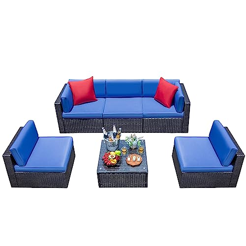 Devoko Patio Furniture Sets 6 Pieces Outdoor Sectional Rattan Sofa Manual Weaving Wicker Patio Conversation Set with Glass Table and Cushion (Beige) - Image 2