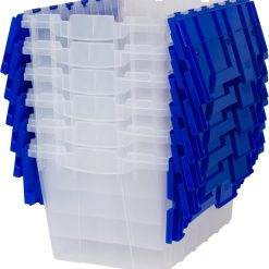 Akro-Mils KeepBox 12 Gallon Storage Container, Nesting and Stackable Plastic Storage Box with Lid Attached, Clear Tote for Garages, Closets, and Moving, 21-1/2 x 15 x 12-1/2, Clear/Blue, 6-Pack
