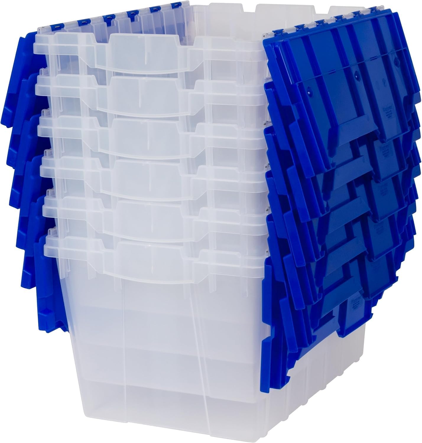 Akro-Mils KeepBox 12 Gallon Storage Container, Nesting and Stackable Plastic Storage Box with Lid Attached, Clear Tote for Garages, Closets, and Moving, 21-1/2 x 15 x 12-1/2, Clear/Blue, 6-Pack