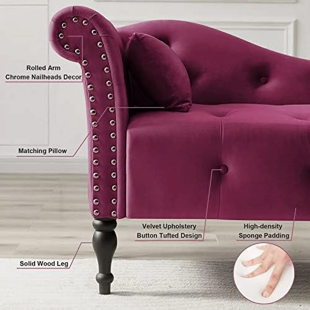 TJUNBOLIFE Velvet Chaise Lounge Indoor 60u201D Tufted Upholstered Lounge Chair with Pillow & Rolled Arm Nailhead Trim for Bedroom Living Room Office Grey - Image 4