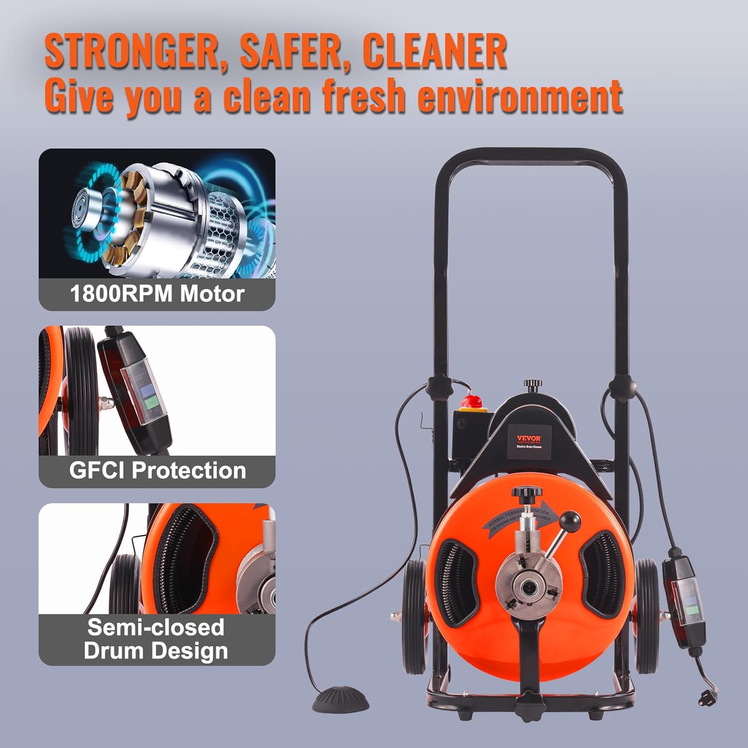 Drain Cleaner Machine 100FT x 1/2Inch, Auto Feed Sewer Snake Auger with 4 Cutter & Air-activated Foot Switch for 1 to 4 Pipes, Orange, Black - Image 6