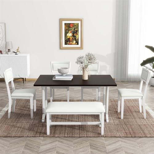 Wood Dining Table Set for 6 with 4 Upholstered Chair & 1 Bench, Mid-Century Modern Dining Room Table Set with Chairs Dinner Table Set for Dining Room, Kitchen, Natural - Image 7