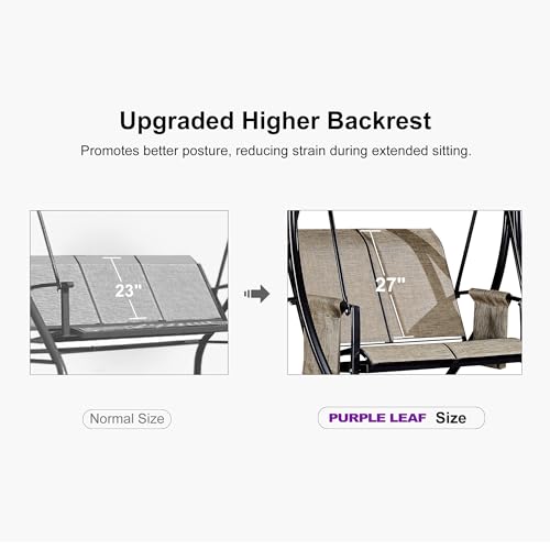 PURPLE LEAF 3-Seat Deluxe Outdoor Patio Porch Swing with Weather Resistant Steel Frame, Adjustable Tilt Canopy, Beige - Image 5