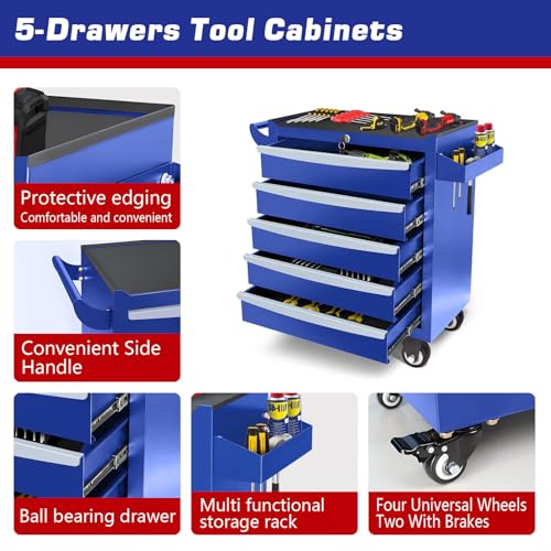 Rolling Tool Chest, Metal Tool Box with 5 Drawers, Lockable Garage Storage Cabinets Sliding Tool Drawer Cart on Wheels Toolbox Organization Workbench for Workshop Warehouse Repair Shop - Image 19