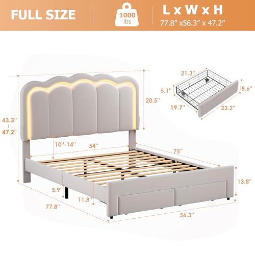 Twin Upholstered LED Bed Frame with Storage Drawer and Adjustable Chic Double Wavy Headboard, Velvet Princess Platform Bed for Kids/Girls, Solid Wood Slats Support, No Box Spring Needed, Beige - Image 18