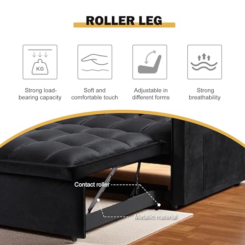 3 in 1 Sleeper Sofa Bed, Futon Sofa Bed for Living Room with Side Pocket, Black Sleepers Sofa Couch with Pullout Bed, Convertible Love Seat Sleepers Bed for Living Room, Bedroom, Small Space - Image 12
