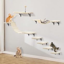 Alternative view of Wall-Mounted Cat Climber Set with Climbing Shelves, Perches, Bridge,Hammock,Scratching Board & Ball – 7 Pcs Wood Indoor Cat Furniture for Kittens Play (Beige)
