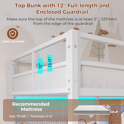DICTAC Twin Loft Bed with L-Shaped Desk,Storage Shelves and Charging Station Metal Loft Bed Twin Size with LED Lights,Coat Rack with Drawers and Stair,Top Bunk with Safety Guardrail for Teen,Black - Image 16