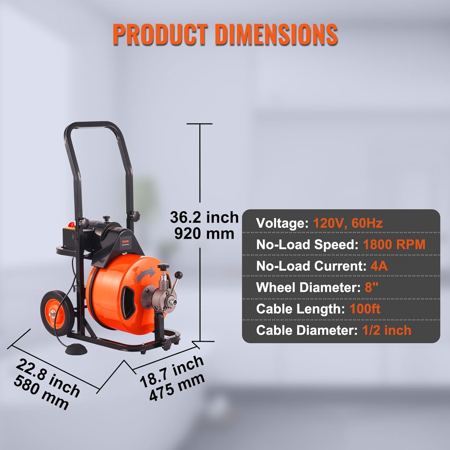 Drain Cleaner Machine 100FT x 1/2Inch, Auto Feed Sewer Snake Auger with 4 Cutter & Air-activated Foot Switch for 1 to 4 Pipes, Orange, Black - Image 7