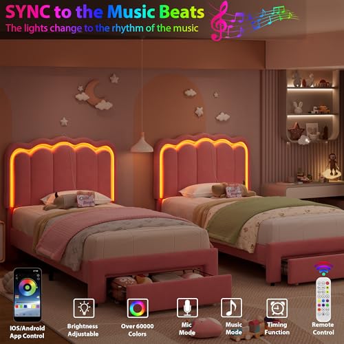 Twin Upholstered LED Bed Frame with Storage Drawer and Adjustable Chic Double Wavy Headboard, Velvet Princess Platform Bed for Kids/Girls, Solid Wood Slats Support, No Box Spring Needed, Beige - Image 89