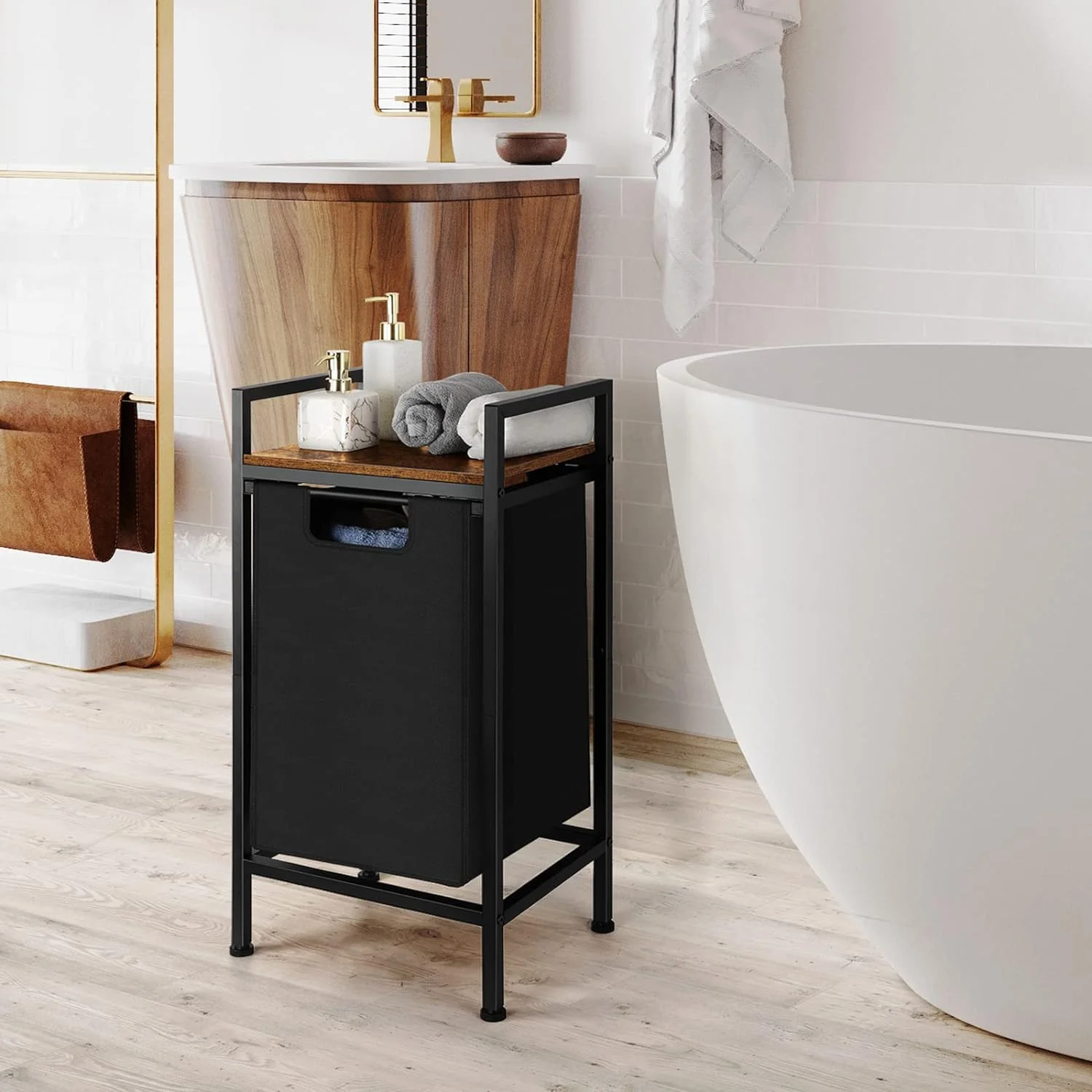Black Laundry Hamper Basket with Removable Bag and Brown Wood Shelf - Image 7