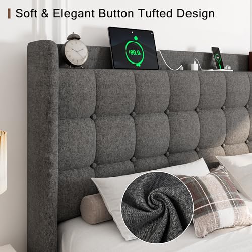 Queen Bed Frame, Upholstered Platform Bed with Charging Station, Modern Wingback Storage Headboard, Solid Wood Slats Support, No Box Spring Needed, Dark Gray - Image 15