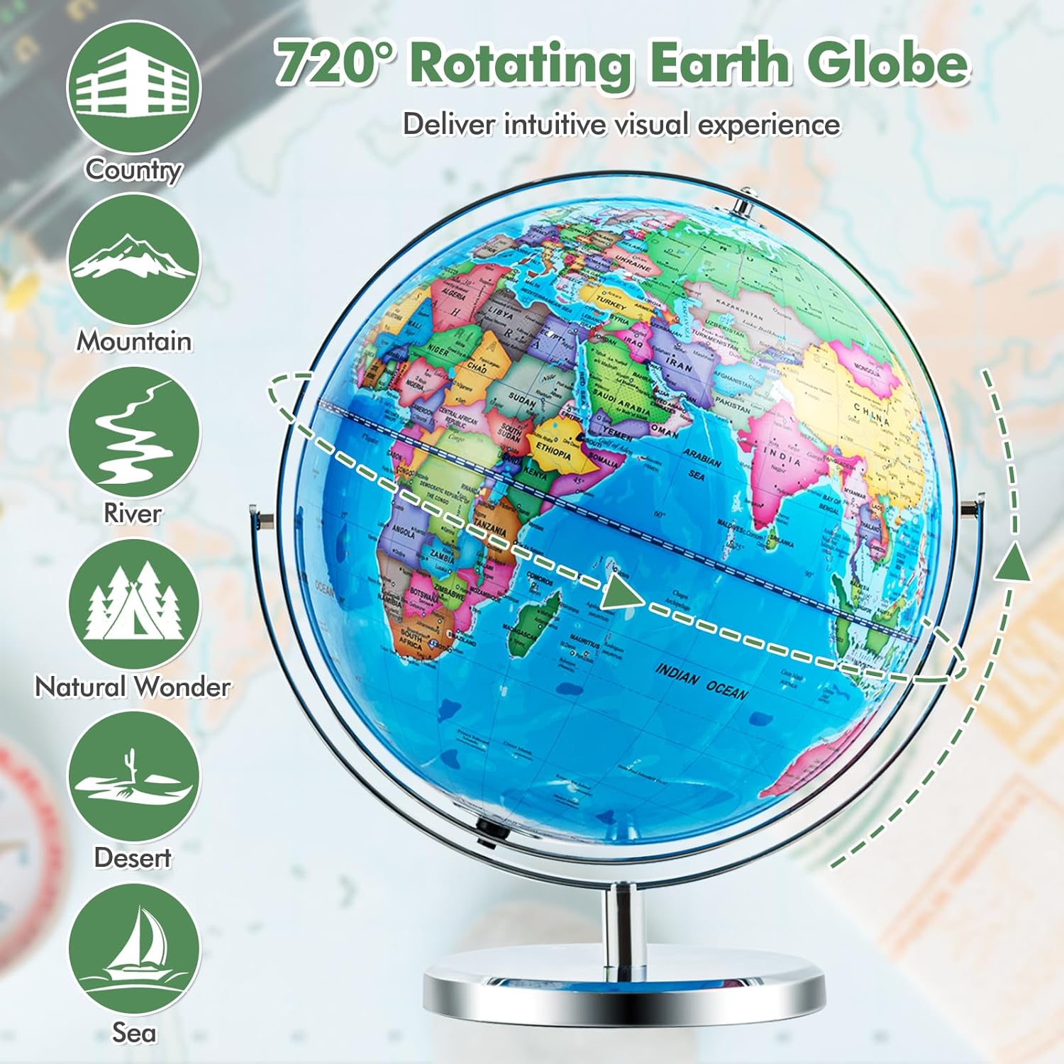 COSTWAY Illuminated World Globe, 13?? Desktop Geographic Globe w/LED Light & Easy-to-Read Clear Map for Students, 720?? Rotation Decorative Globe, Educational Interactive Globe for School, Classroom - Image 3
