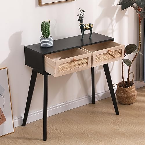 Rattan Console Table, Entryway Tables, Vanity Desk, Rattan Dresser, Farmhouse Wood Sofa Table Behind The Couch, Narrow Side Table for Hallway, Office, Foyer, 31 (Black)