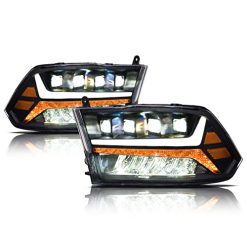 Alpha Owls 8710401 Crystal Headlights With Switchback Sequential LED Light Bar & Startup Light – Black Amber Fits 2009-2018 Dodge Ram 1500 2500 3500/2019-2023 Classic Halogen Models