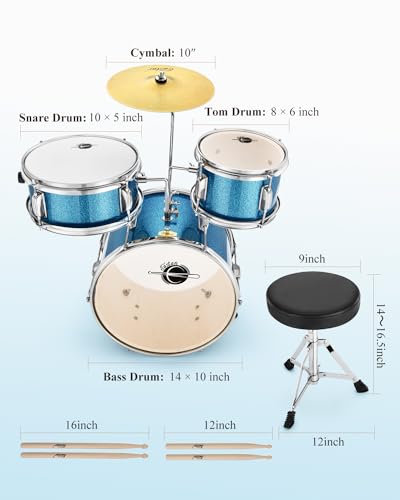 Kids Drum KIt Eastar 3-Piece for Beginners, 14 inch Drum Set with Adjustable Throne, Cymbal, Pedal & Two Pairs of Drumsticks, Junior Drum Set with Bass Tom Snare Drum, Metallic Sky Blue - Image 4