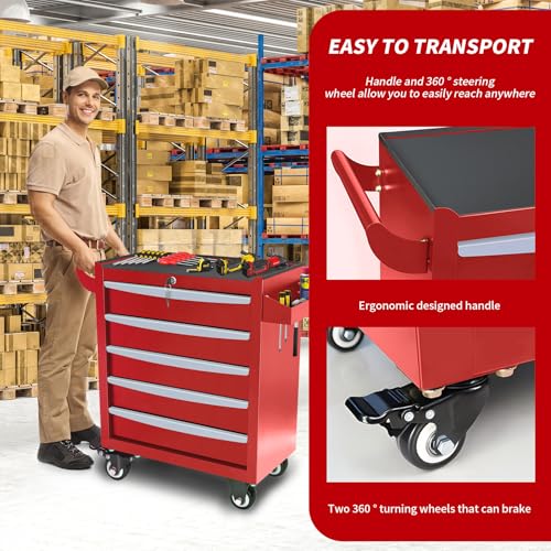 Rolling Tool Chest, Metal Tool Box with 5 Drawers, Lockable Garage Storage Cabinets Sliding Tool Drawer Cart on Wheels Toolbox Organization Workbench for Workshop Warehouse Repair Shop - Image 25