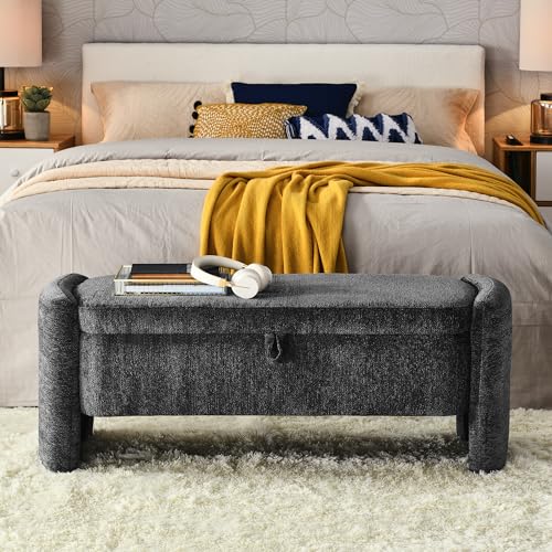 mikibama Teddy Bedroom Storage Benches End of Bed 38.9 Faux Fur Ottoman Bench with Storage Sherpa Pattern Fabric Window Entryway Bench Ottomans with Golden Metal Legs