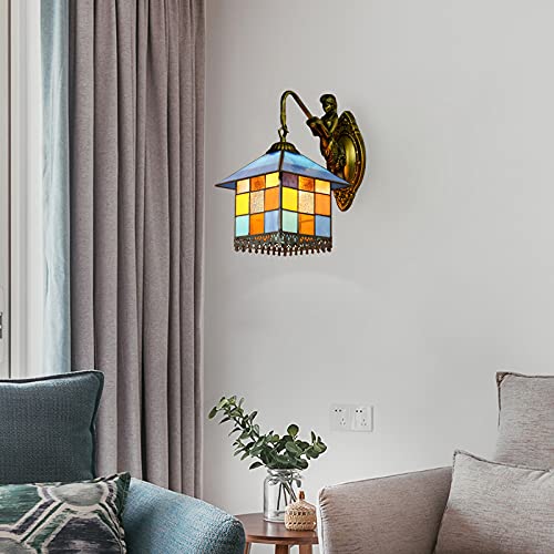 LITFAD Tiffany Style Stained Glass Wall Sconce Lighting, Mediterranean Aqua Petal Shape LED Wall Lamp Flower 1 Light Tiffany Antique Brass Wall Mount Lamp for Bedroom Villa Restaurant, Blue - Image 4