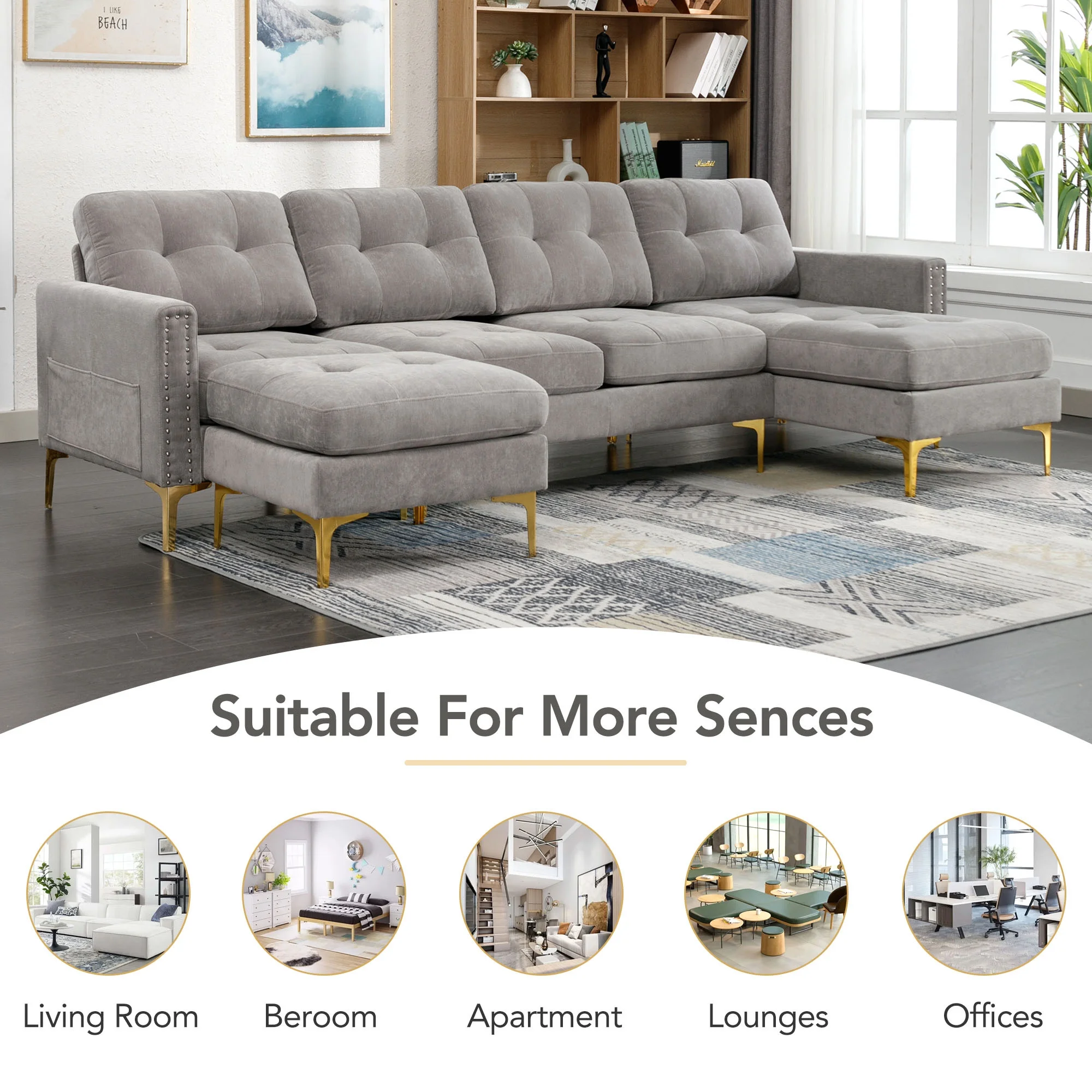 Soges U-Shaped Sectional Sofa with Ottoman, Convertible Couch for Living Room, 5 Seater Sofa, Gray, 110×54 - Image 7