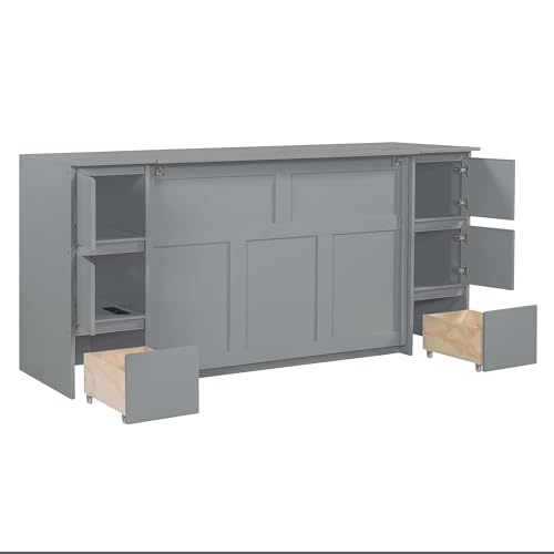 Twin Size Murphy Beds with Charging Station and Storage Drawers, Wood Cabinet Bed Frame, Wall Bed with Outlet & USB Ports for Home Office Studio, White - Image 9