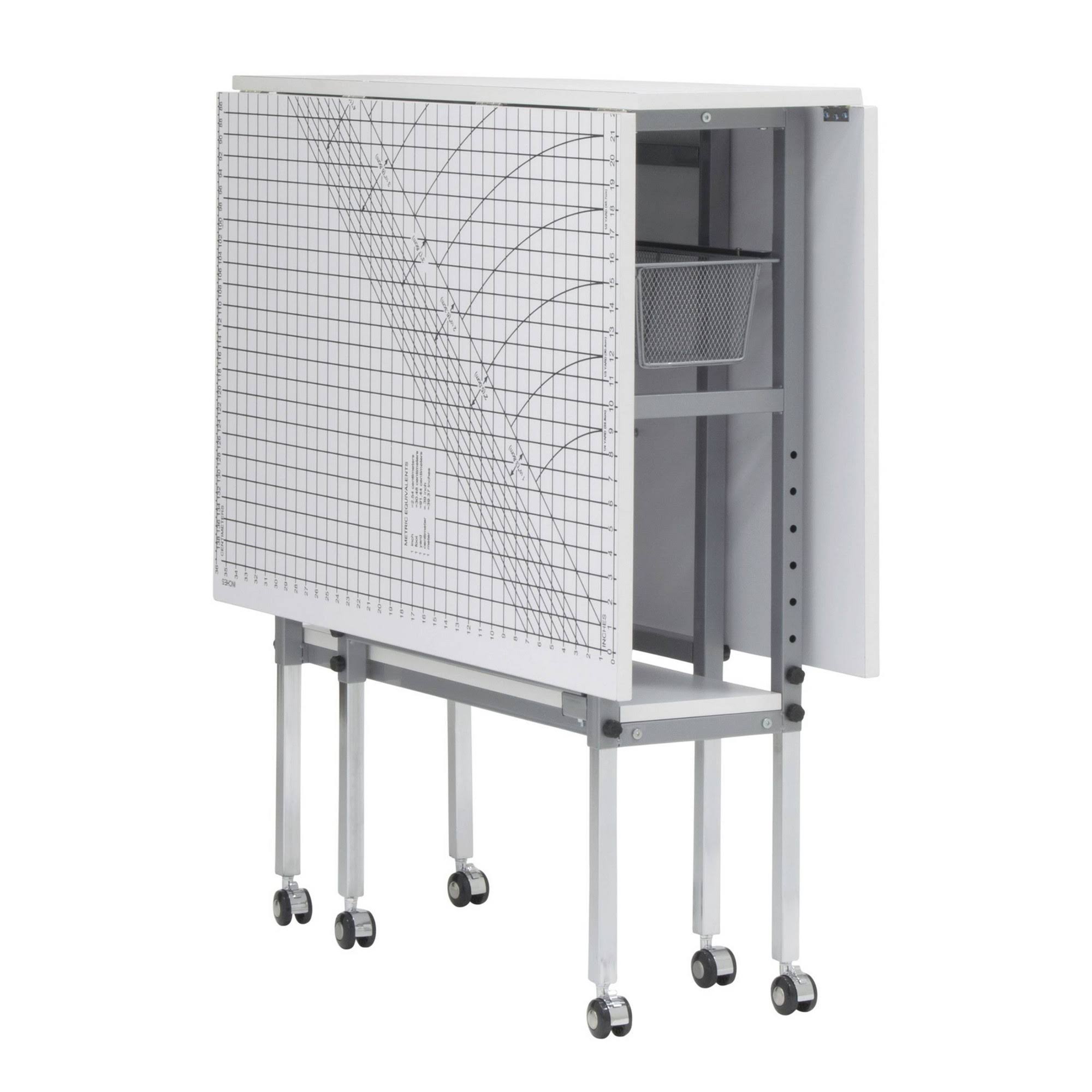 Sew Ready Mobile Folding Height Adjustable Quilting Fabric Cutting Table with Sewing Board Grid and Storage in Silver/White Top - Image 6
