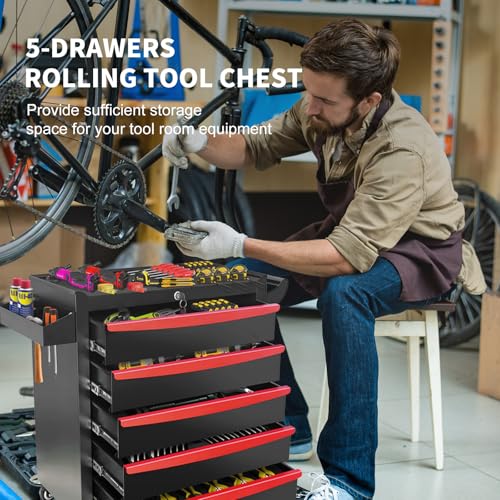 Rolling Tool Chest, Metal Tool Box with 5 Drawers, Lockable Garage Storage Cabinets Sliding Tool Drawer Cart on Wheels Toolbox Organization Workbench for Workshop Warehouse Repair Shop - Image 15