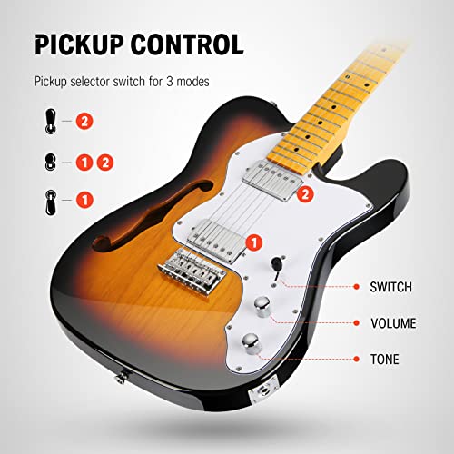 Donner 39 Inch Jazz Electric Guitar TL Thinline F Hole Beginner Full Size Hollow Guitar with H-H Pickups,Bag, Strap, Cable,Sunburst(DJC-1000S) - Image 3