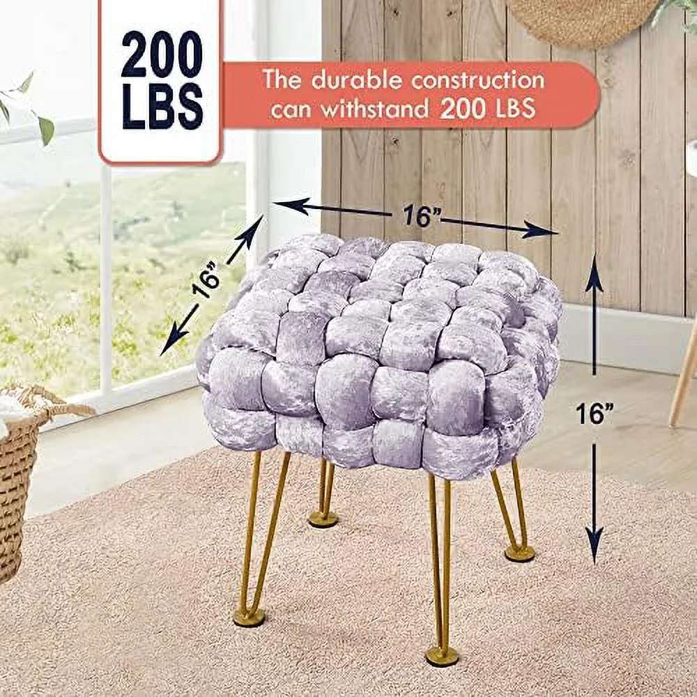 Retro Green Soft Upholstered Ottoman Entryway Bench Seat 16x16x16 Sturdy Accent Coffee Table for Living Room Make Up Vanity Fluffy Shoe Stool with Golden Legs for Bedroom C - Image 4