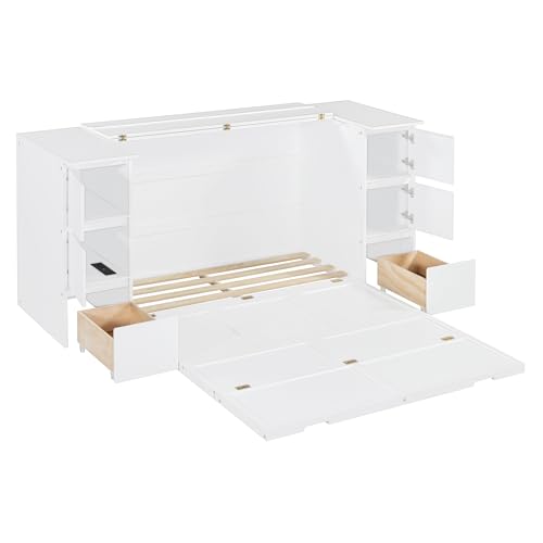 Twin Size Murphy Beds with Charging Station and Storage Drawers, Wood Cabinet Bed Frame, Wall Bed with Outlet & USB Ports for Home Office Studio, White - Image 23