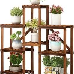Storage Shelves Flower Pot Holder Wooden Shelving Plant Display Stand Carbonized Potted Rack 5 Tier with Wheels Floor Shelf for Indoor Outdoor Garden Decoration