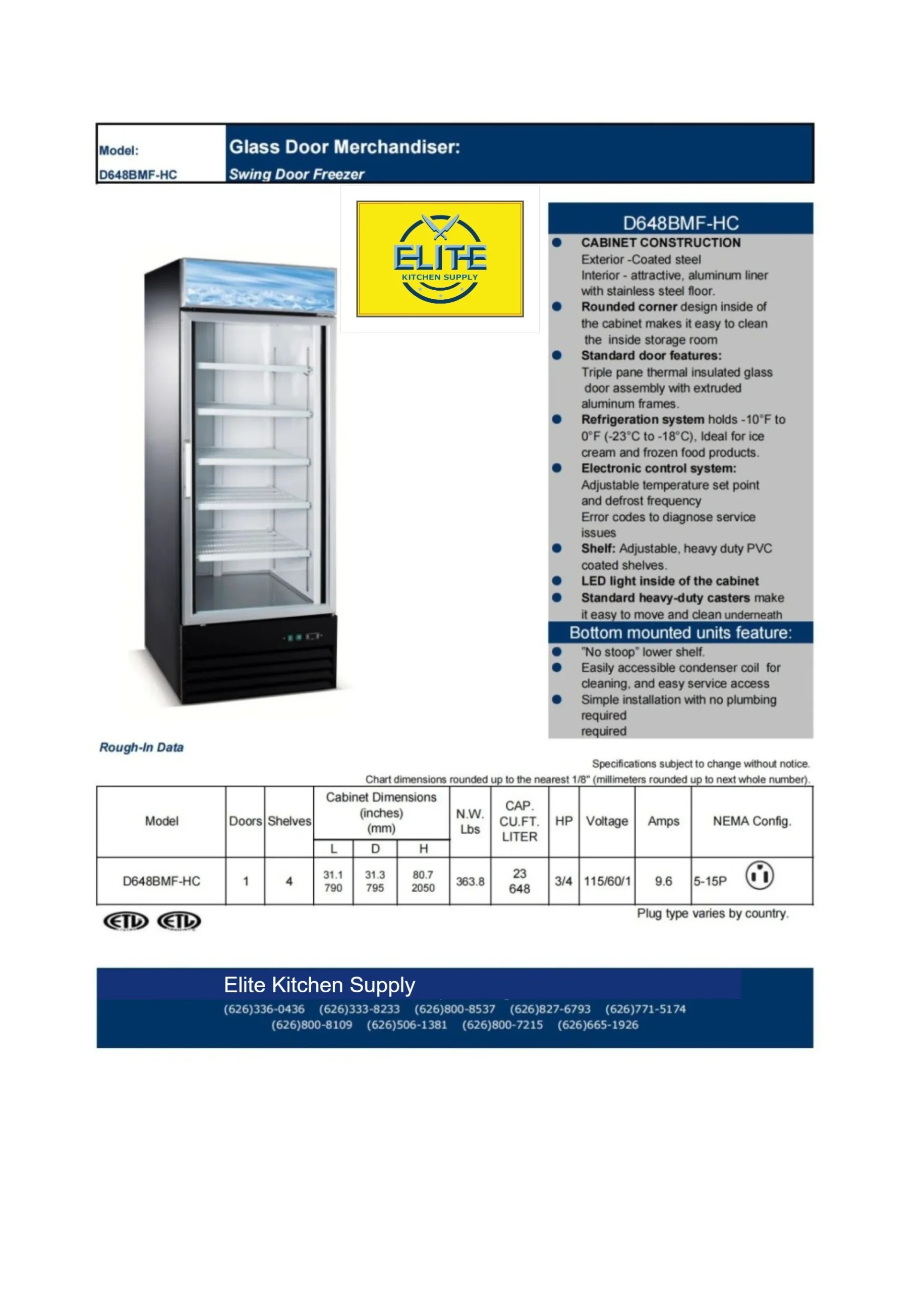 31 in. Single Glass Door Food Merchandiser Commercial Freezer, 23 cu. ft. - Image 3