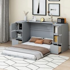 Alternative view of Twin Size Murphy Beds with Charging Station and Storage Drawers, Wood Cabinet Bed Frame, Wall Bed with Outlet & USB Ports for Home Office Studio, White