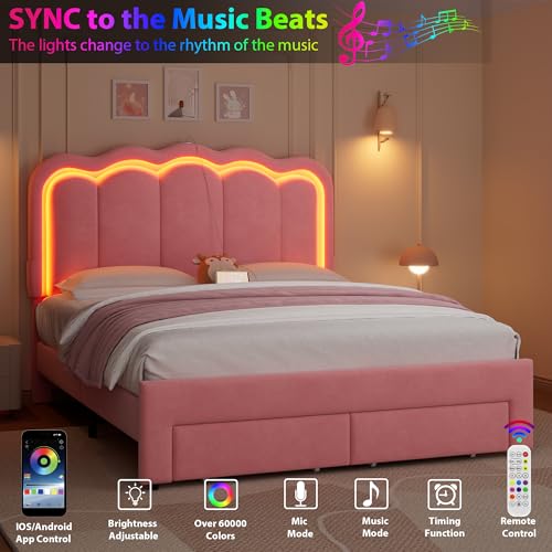 Twin Upholstered LED Bed Frame with Storage Drawer and Adjustable Chic Double Wavy Headboard, Velvet Princess Platform Bed for Kids/Girls, Solid Wood Slats Support, No Box Spring Needed, Beige - Image 28