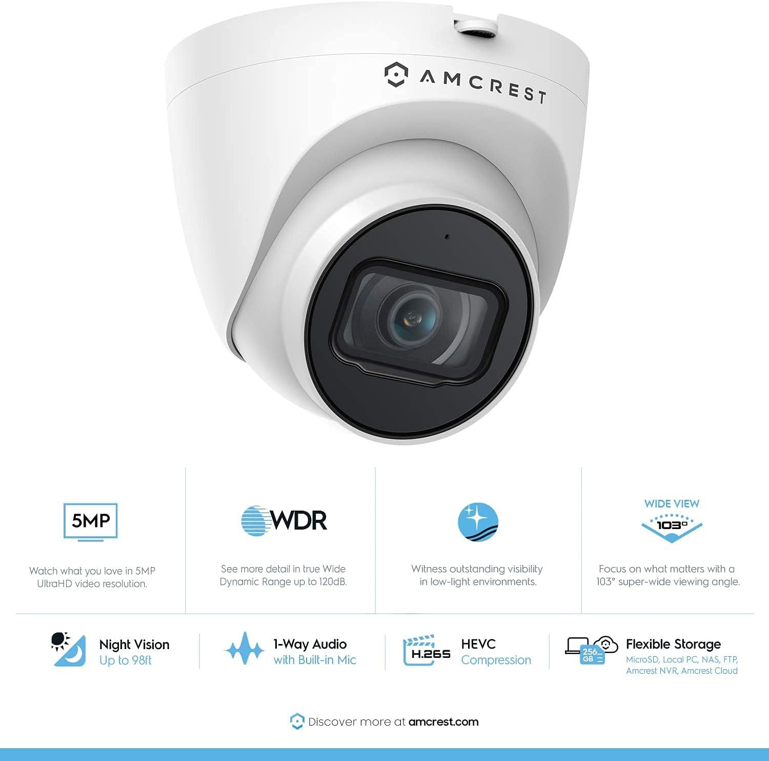 Amcrest 5MP Turret POE Camera, UltraHD Outdoor IP Camera POE with Mic/Audio, 5-Megapixel Security Surveillance Cameras, 98ft NightVision, 2.8mm Lens (103?? FOV), IP67, MicroSD (256GB), (IP5M-T1179EW) - Image 2