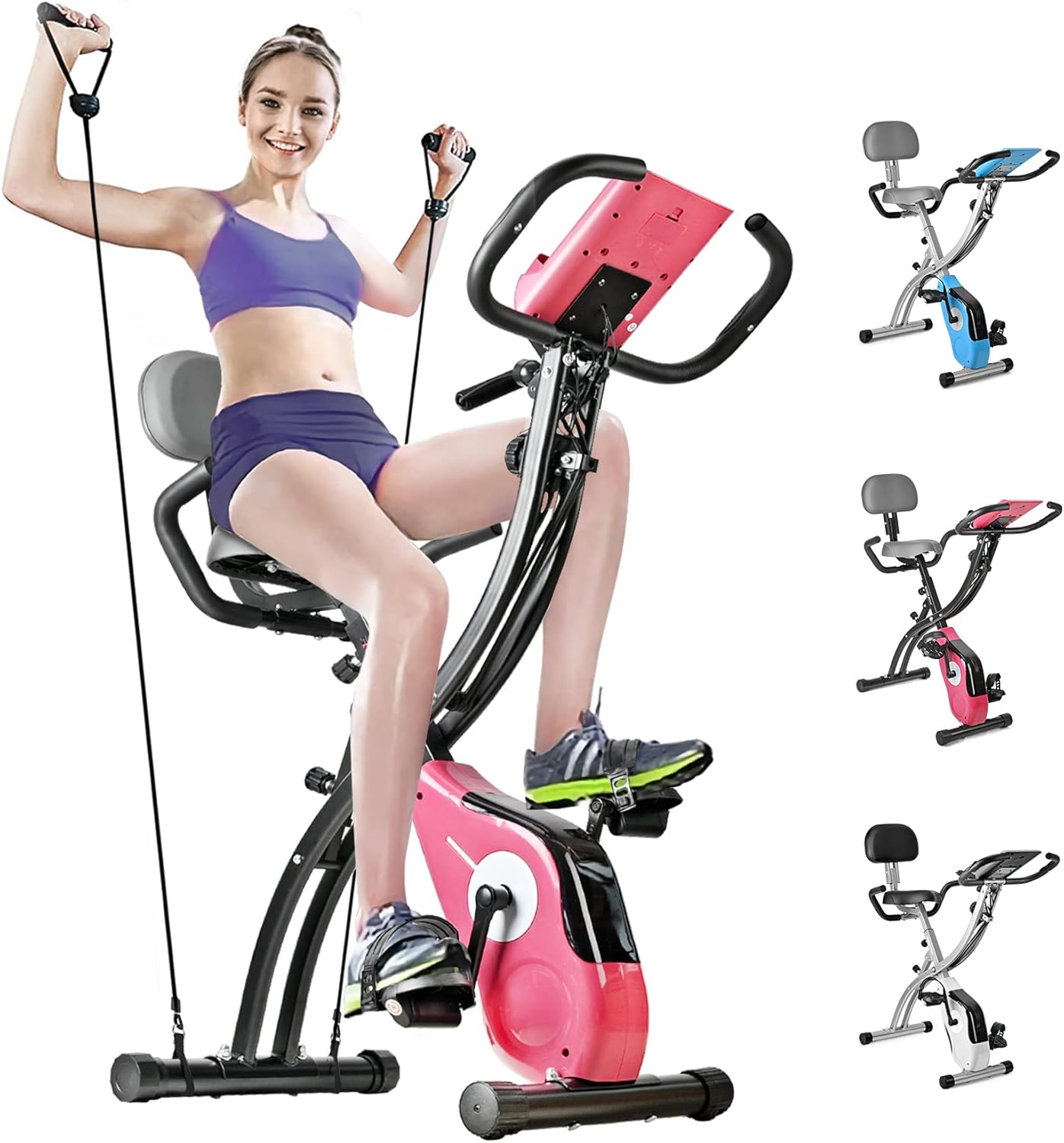 SALEMFIT Folding Stationary Bike, Magnetic Upright Bike Indoor Workout Exercise Cycle Bike with Front & Back Arm Resistance Bands LCD Monitor Pulse Sensor Phone Holder Backrest, For ?Home Workout Total Body Gym - Image 2