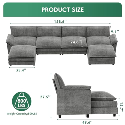 YESHOMY Sectional Modular Sofa U Shaped Chenille Fabric Couch with High Supportive & Soft Sponges and Removable Ottoman, Sleeper Comfy Upholstered Furniture for Living Room, Grey - Image 11